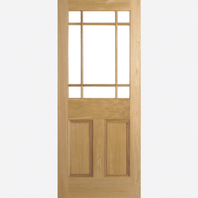 OAK DOWNHAM UNGLAZED 9L The Downham door, once glazed features an unfinished white Oak wood and nine piece glazed panels with decorative blue corners. NB: The Glass pack is sold seperately. Please see below for details.