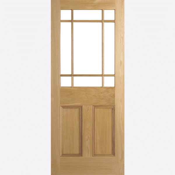 OAK DOWNHAM UNGLAZED 9L The Downham door, once glazed features an unfinished white Oak wood and nine piece glazed panels with decorative blue corners. NB: The Glass pack is sold seperately. Please see below for details.