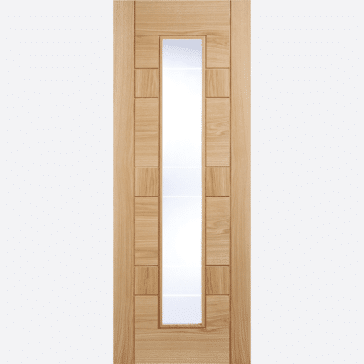 OAK EDMONTON GLAZED 1L BESPOKE SIZES AVAILABLE Recessed panels and a centre clear glazed panel with frosted lines give this pre-finished Oak door a classic design.