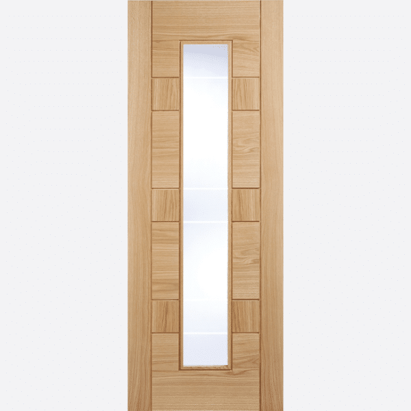 OAK EDMONTON GLAZED 1L BESPOKE SIZES AVAILABLE Recessed panels and a centre clear glazed panel with frosted lines give this pre-finished Oak door a classic design.