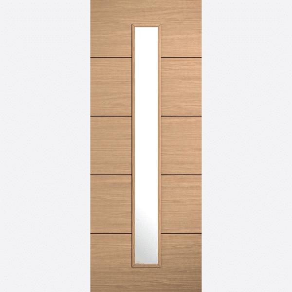 OAK LILLE GLAZED 1L BESPOKE SIZES AVAILABLE This modern door design boasts five distinct horizontal panels featuing a walnut inlay. This internal door also has a striking vertical clear glazed window which is perfect for allowing natural light to flow througout your home.