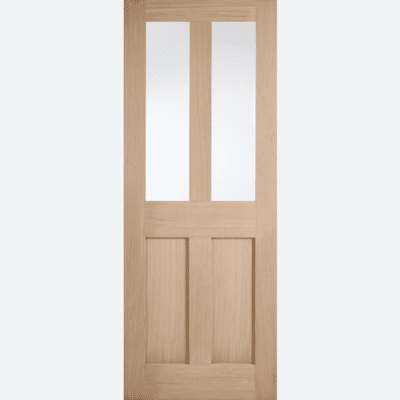 OAK LONDON PRE-FINISHED GLAZED BESPOKE SIZES AVAILABLE A traditional door design featuring two vertical panels and two clear glazed panels, perfect for adding the finishing touch to any of your rooms.