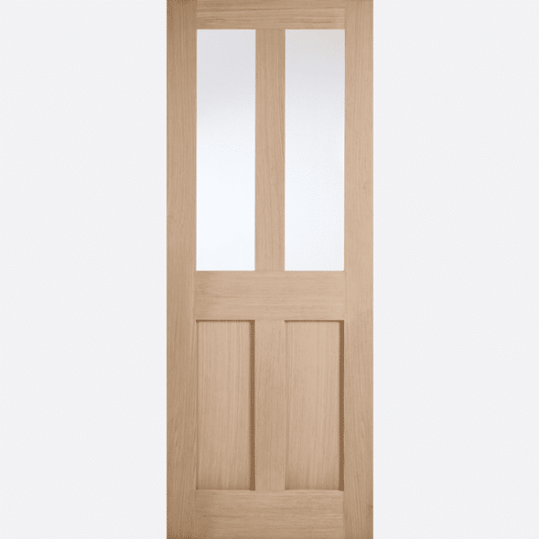 OAK LONDON PRE-FINISHED GLAZED BESPOKE SIZES AVAILABLE A traditional door design featuring two vertical panels and two clear glazed panels, perfect for adding the finishing touch to any of your rooms.