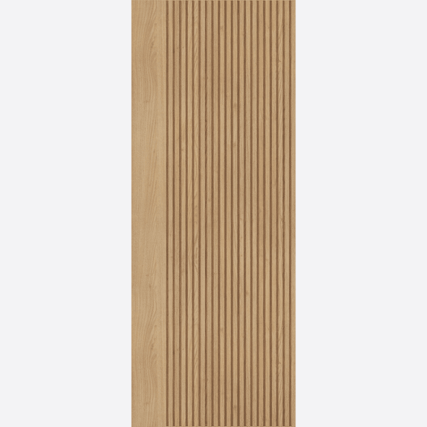 OAK MELBOURNE PRE-FINISHED Coming in Pre-finished Oak, this internal door is ready to hang. The Melbourne is an unusual and modern design, perfect for large spaces. Featuring deep square cut, vertical grooves across the door, the texture and look will really stand out in your home.