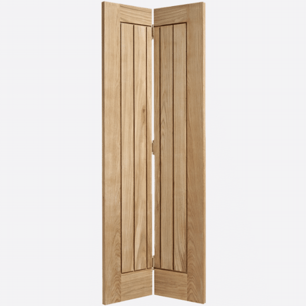 OAK MEXICANO BI-FOLD Perfect for conservatories, studies and dining rooms, this door features a convenient bi-folding design. Please note 78" height includes track. Supplied with track and hinges