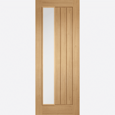 OAK MEXICANO CLEAR GLAZED OFFSET BESPOKE SIZES AVAILABLE A modern adaption of our classic Mexicano oak internal door. Featuring an offset, long clear glazed panel and square cut vertical grooves, this would look great in rooms that require some natural light to flood through.