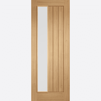 OAK MEXICANO FROSTED GLAZED OFFSET BESPOKE SIZES AVAILABLE A modern adaption of our classic Mexicano oak internal door. Featuring raised mouldings on boths sides and an offset, long frosted glazed panel and square cut vertical grooves, this would look great in rooms that require some natural light to flood through but still have a sense of privacy.