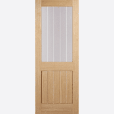 OAK MEXICANO GLAZED HALF LIGHT BESPOKE SIZES AVAILABLE A unique take on the classic Mexicano design. A modern glazed panel featuring clear glazing with frosted lines replicating the solid panel below which follows the traditional Mexicano. This door is perfect for allowing natural light to flow through your home whilst preserving your privacy.