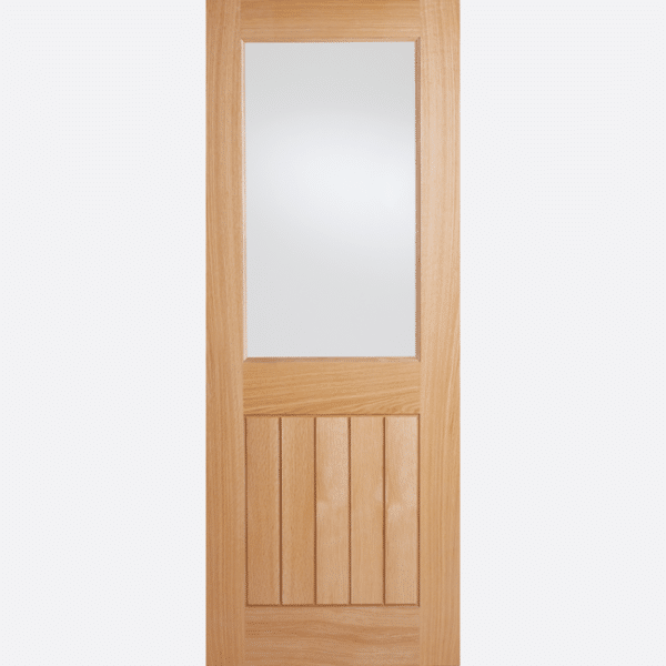 OAK MEXICANO GLAZED HALF LIGHT PRE-FINISHED BESPOKE SIZES AVAILABLE A unique take on the classic Mexicano design. A modern glazed panel featuring clear glazing with frosted lines replicating the solid panel below which follows the traditional Mexicano. This door is perfect for allowing natural light to flow through your home whilst preserving your privacy.