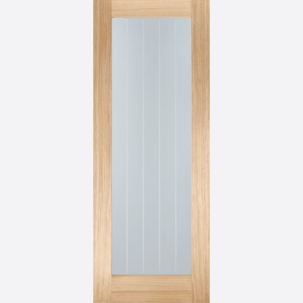 OAK MEXICANO PATTERN 10 GLAZED BESPOKE SIZES AVAILABLE Expanding on the ever popular Mexicano family, this door design portrays a large clear glazed panel with frosted lines, replicating the Mexicano classic. Unfinished, this door is ready for you to personalise and is great for rooms wanting to allow natural light flow through.