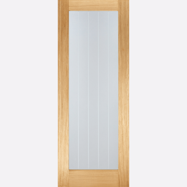 OAK MEXICANO PATTERN 10 GLAZED PRE-FINISHED BESPOKE SIZES AVAILABLE Expanding on the ever popular Mexicano family, this door design portrays a large clear glazed panel with frosted lines, replicating the Mexicano classic. Pre-finished, this door is ready to hang and is great for rooms wanting to allow natural light flow through.