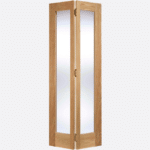 OAK PATTERN 10 GLAZED 2L BI-FOLD A contemporary and convenient choice, this unfinished Oak door features vertical glazed panels with a bi-folding hinging. Please note 78" height includes track. Supplied with track and hinges
