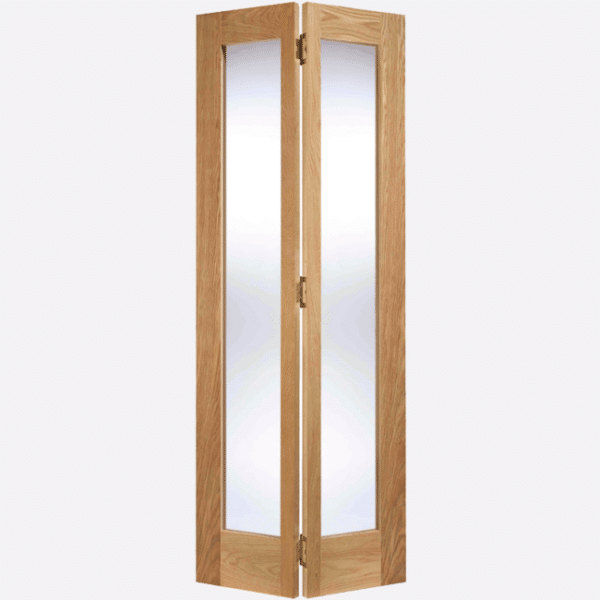 OAK PATTERN 10 GLAZED 2L BI-FOLD A contemporary and convenient choice, this unfinished Oak door features vertical glazed panels with a bi-folding hinging. Please note 78" height includes track. Supplied with track and hinges