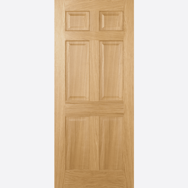 OAK REGENCY 6P PRE-FINISHED BESPOKE SIZES AVAILABLE Four raised rectangular panels sit below two raised square panels to give this Regency door in pre-finished Oak a timeless look.