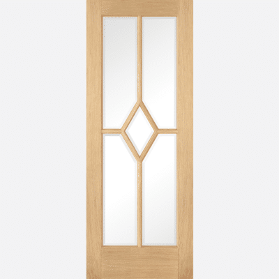 OAK REIMS GLAZED 5L PRE-FINISHED An extension to our Reims family, this internal door features five clear glazed panels underneath a unique diamond design made from decorative beading. This door is perfect for traditional homes, especially in rooms which may be lacking in natural light.