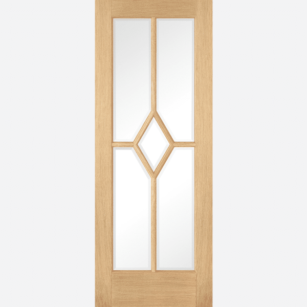 OAK REIMS GLAZED 5L PRE-FINISHED An extension to our Reims family, this internal door features five clear glazed panels underneath a unique diamond design made from decorative beading. This door is perfect for traditional homes, especially in rooms which may be lacking in natural light.