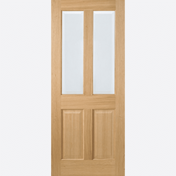 OAK RICHMOND GLAZED 2L BESPOKE SIZES AVAILABLE Two inset panels sit below two clear bevelled panels in this traditional unfinished Oak door design.