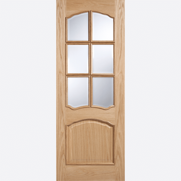 OAK RIVIERA GLAZED 6L RM2S Crafted from unfinished Oak, this Riviera door features six clear bevelled glazed panels and raised moulding on both sides.