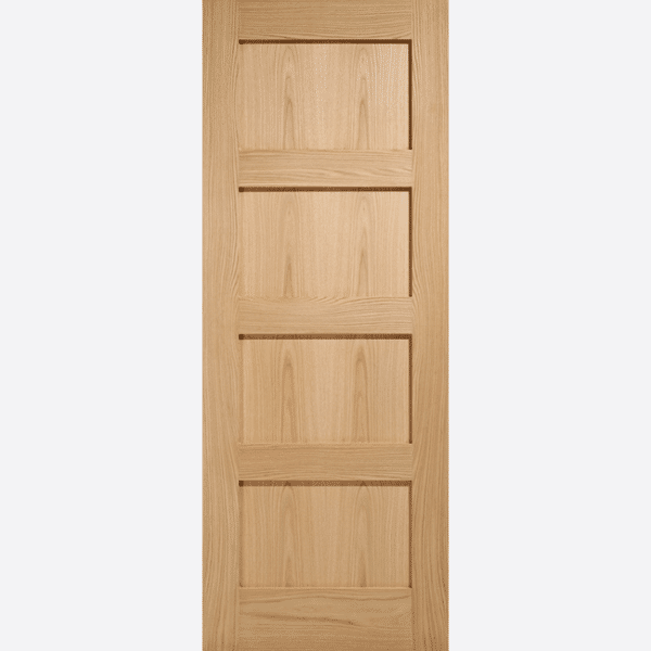 OAK SHAKER 4P BESPOKE SIZES AVAILABLE The four pronounced panels on this unfinished Oak door makes it a tasteful choice for any style of home.