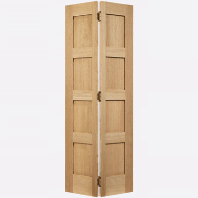 OAK SHAKER 4P BI-FOLD This tasteful door includes four pronounced unfinished Oak panels and a convenient bi-folding design. Please note 78" height includes track. Supplied with track and hinges