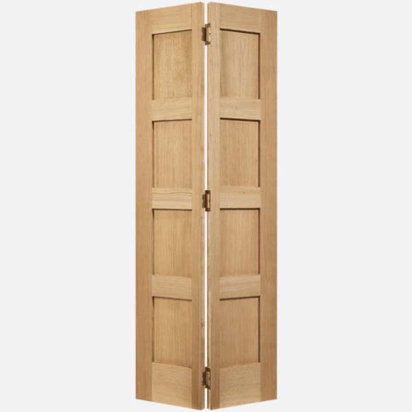 OAK SHAKER 4P BI-FOLD This tasteful door includes four pronounced unfinished Oak panels and a convenient bi-folding design. Please note 78" height includes track. Supplied with track and hinges