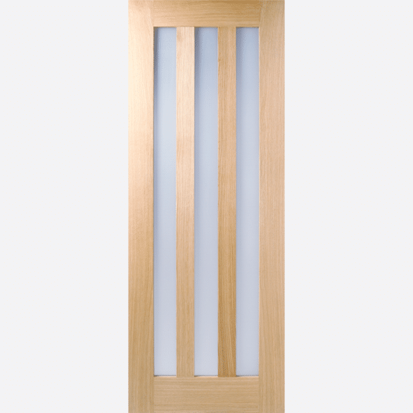 OAK UTAH GLAZED 3L CLEAR BESPOKE SIZES AVAILABLE An unfinished oak wood grain surrounds three parallel, vertical clear glazed panels in this modern door design.