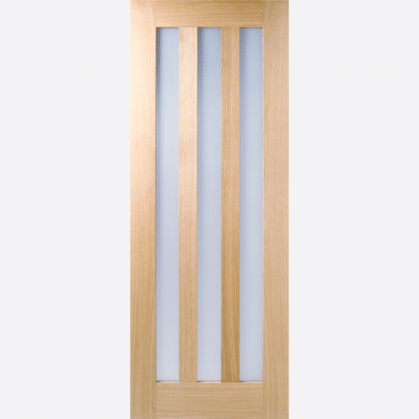 OAK UTAH GLAZED 3L CLEAR PRE-FINISHED BESPOKE SIZES AVAILABLE Three, slim, vertical panels featuring clear glazing, are surrounded by pre-finished oak.