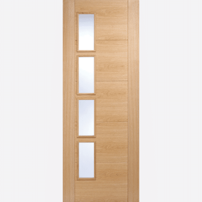 OAK VANCOUVER GLAZED 4L CLEAR GLASS OFFSET BESPOKE SIZES AVAILABLE This pre-finished Oak Vancouver door features four clear glazed panels that are offset from the centre for a modern look.