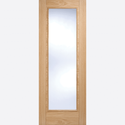 OAK VANCOUVER GLAZED PATTERN 10 BESPOKE SIZES AVAILABLE This Vancouver door features a pre-finished Oak wood grain, raised moulding on both sides and a large clear glazed centre panel.