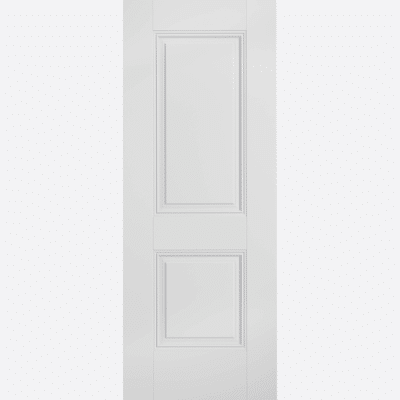 WHITE ARNHEM A sophisticated white door design formed by two panels, one larger and one smaller, surrounded by decorative beading.