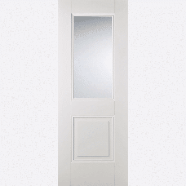 WHITE ARNHEM GLAZED 1L One large clear bevelled glazed panel sits proudly above one smaller solid panel, forming a Georgian inspired design.