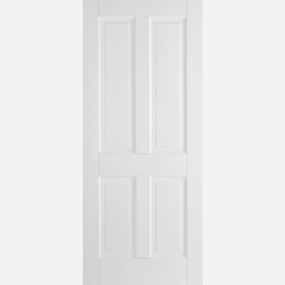 The classic Canterbury door design features four rectangular raised shaped panels with a primed solid core and a white finish.