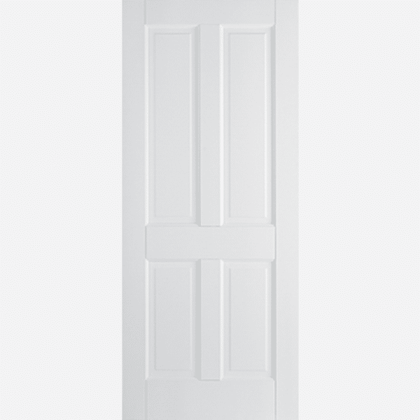 The classic Canterbury door design features four rectangular raised shaped panels with a primed solid core and a white finish.