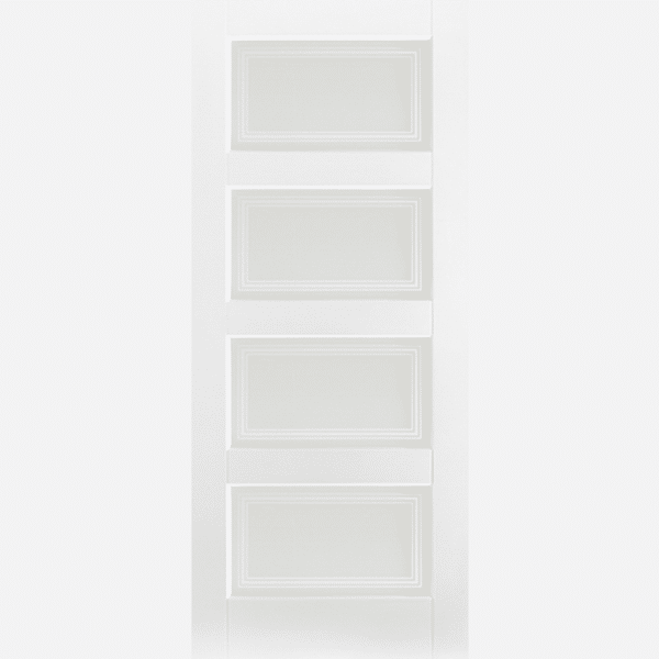 WHITE CONTEMPORARY GLAZED 4L This contemporary door features four rectangular frosted glazed panels with clear lines and a primed solid core in a versatile white shade.