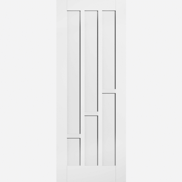 WHITE COVENTRY BESPOKE SIZES AVAILABLE Rectangular inset panels in various lengths give this white Coventry door design in a primed solid core a unique appearance.