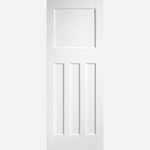 WHITE DX 30S STYLE BESPOKE SIZES AVAILABLE This 30's style door is made from a primed solid core in white and features three rectangular inset panels below a larger square panel.