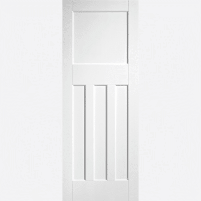 WHITE DX 30S STYLE BESPOKE SIZES AVAILABLE This 30's style door is made from a primed solid core in white and features three rectangular inset panels below a larger square panel.