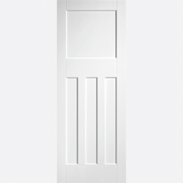 WHITE DX 30S STYLE BESPOKE SIZES AVAILABLE This 30's style door is made from a primed solid core in white and features three rectangular inset panels below a larger square panel.