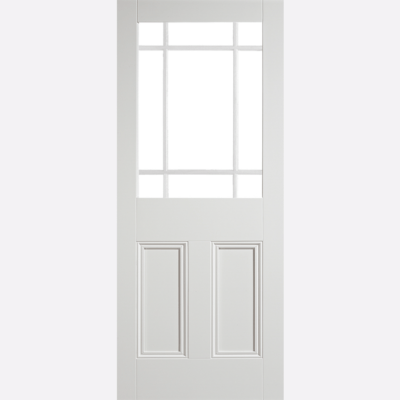 WHITE DOWNHAM UNGLAZED 9 LIGHT The Downham door, once glazed features an primed white and nine piece glazed panels with decorative blue corners. NB: The Glass pack is sold seperately. Please see below for details.