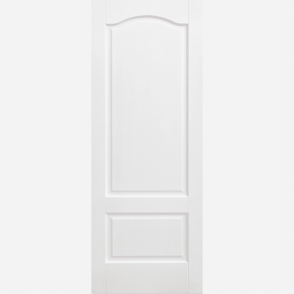 WHITE KENT 2P This white primed solid core door features two raised shaped panels with a curved top edge and an attractive smooth appearance.