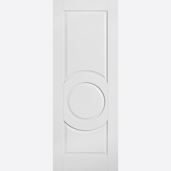 WHITE MONTPELLIER Two solid panels, featuring one curved edge each, surround the unique circle panel, forming the Montpellier door design.