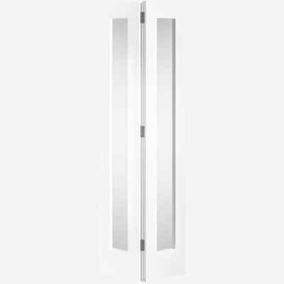 WHITE PATTERN 10 GLAZED BI-FOLD A contemporary and convenient choice, this primed white internal door features vertical clear glazed panels in a bi-fold design. Perfect for rooms where there is less space. Please note 78" height includes track. Supplied with track and hinges