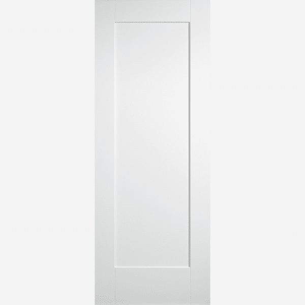 WHITE SHAKER 1P BESPOKE SIZES AVAILABLE This Shaker style door design features a large rectangular inset panel crafted from a primed solid core in white.