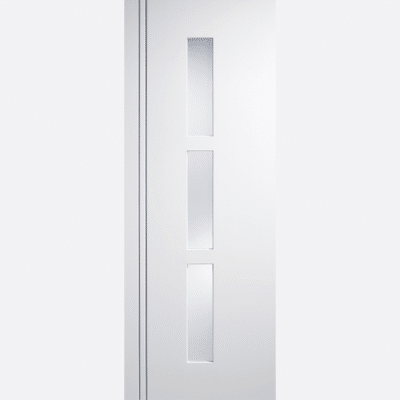 WHITE SIERRA BLANCO GLAZED 3L Made from a pre-finished composite in white, this Sierra door features easy clean laminated frosted glazed panels and decorative vertical bars.