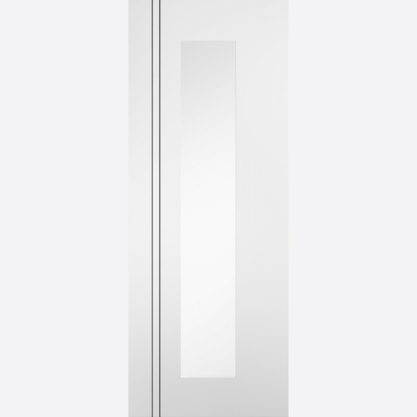 WHITE SIERRA BLANCO LONG LIGHT GLAZED BESPOKE SIZES AVAILABLE Featuring clear glazing and aluminium effect inlay, this sleek and modern internal door will look great amongst contemporary interior. The white finish adds a fresh and clean touch to the door, creating a bright and airy ambiance, which is enhanced with the long, vertical clear glazed panel.