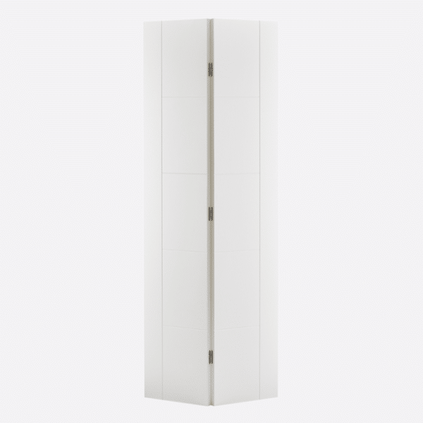 WHITE VANCOUVER BI-FOLD The ever popular Vancouver design, featuring the classic, five panels. This time however, featured in a space saving bi-fold finish. Please note 78" height includes track. Supplied with track and hinges