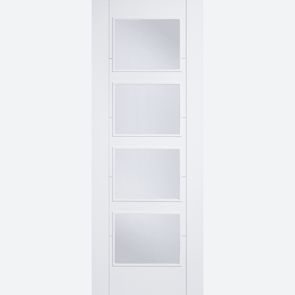 WHITE VANCOUVER GLAZED 4L CLEAR BESPOKE SIZES AVAILABLE Four large clear glazed panels are positioned between decorative vertical grooves, with raised moulding and primed semi solid core in white. NB: FD30's supplied Solid Core