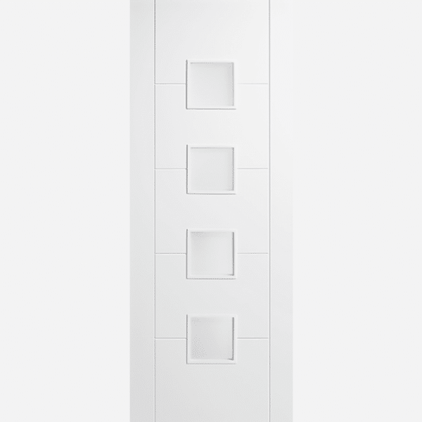 WHITE VANCOUVER GLAZED 4L FROSTED Four frosted glazed panels are positioned between grooved panels, waith raised moulding on both sides and a primed semi solid core in white